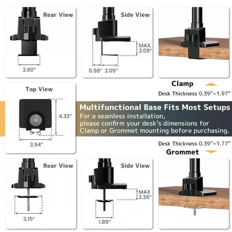 Heavy Duty Aluminum Ultrawide Monitor Desk Mount And Adjustable Monitor Arm For Wide Screens Up To 57 Inches detailed views of clamp and grommet base