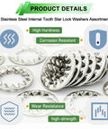 Internal Tooth Star Lock Washers Assortment Kit 550 Pcs M2.5 M3 M4 M5 M6 M8 M10 M12 Stainless Steel 304 Rust Resistant