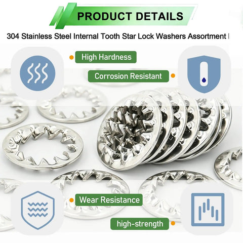 Internal Tooth Star Lock Washers Assortment Kit 550 Pcs M2.5 M3 M4 M5 M6 M8 M10 M12 Stainless Steel 304 Rust Resistant
