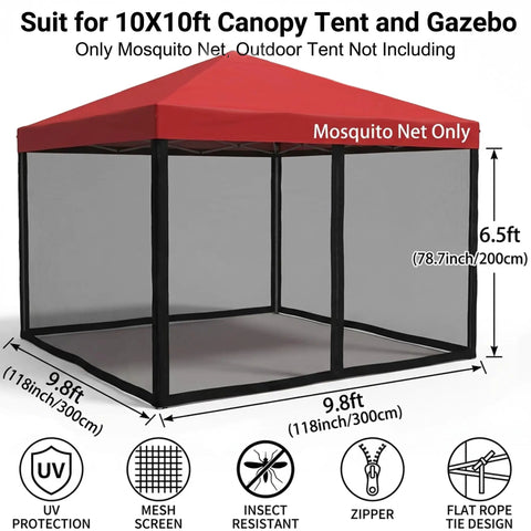 10x10 Mosquito Net With Zipper For Patio Gazebo And Canopy Tent Ultra Fine Mesh Replacement Screen Wall Net Only Fits Instant Canopies Tents Pergolas Foldable Pavilions Easy Install Built Tough shown with red canopy