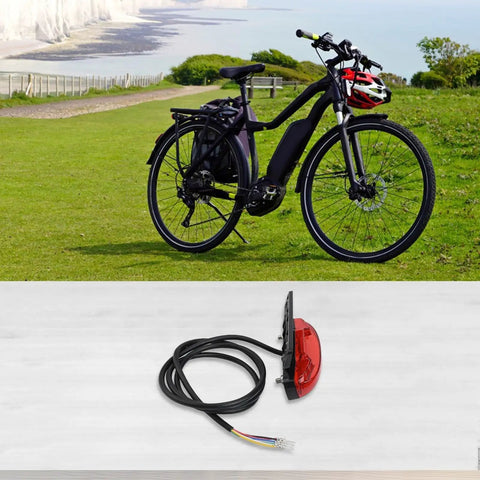 Must Have E Bike Rear Light For 36 Volt Or 48 V Batteries With 6 Pin Connector Plug And Super Bright Led Tail Lamp That Flashes Brake Signal At Night For Maximum Safety On The Road on black e-bike, red LED light with 100cm cable
