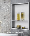 Shower Niche Insert Storage Dual Shelf For No Tile Needed Walls 16x20 Inner Shelves 16x13.5x3.75 And 16x6x3.75 with bottles