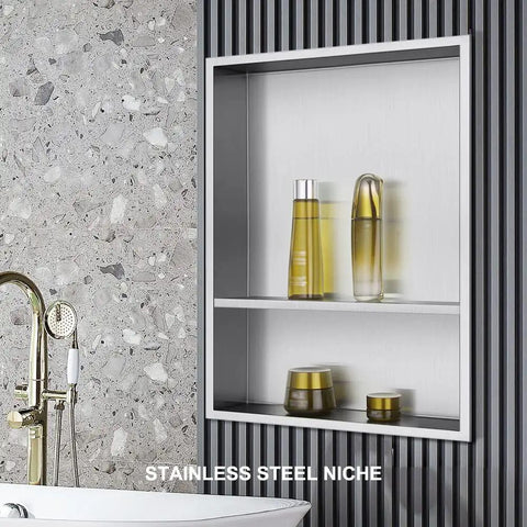 Shower Niche Insert Storage Dual Shelf For No Tile Needed Walls 16x20 Inner Shelves 16x13.5x3.75 And 16x6x3.75 with bottles