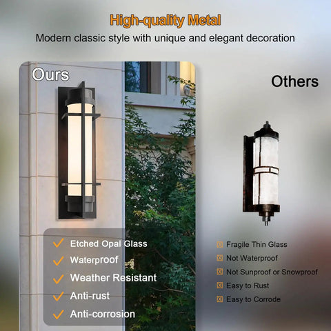 Modern Large Outdoor Sconce Lights 20 Inch High Matte Black Exterior Wall Light Waterproof Outdoor Lighting For House Entryway Garage E26 Base Etched Opal Glass shown on exterior wall with comparisons to non-waterproof options.