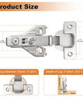 Heavy Duty Full Overlay Soft Close Cabinet Hinges With No Sweat Clip On Mounting For Face Frame Kitchen Cabinets Nickel Plated 105 Degree Concealed Door Hardware 4 Pair Rock Solid Zinc product size illustration with measurements.