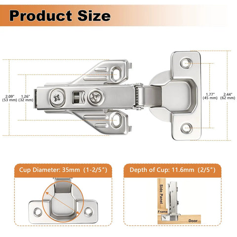 Heavy Duty Full Overlay Soft Close Cabinet Hinges With No Sweat Clip On Mounting For Face Frame Kitchen Cabinets Nickel Plated 105 Degree Concealed Door Hardware 4 Pair Rock Solid Zinc product size illustration with measurements.