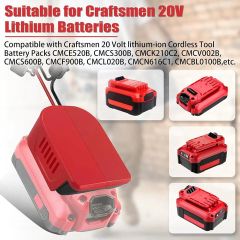 Red Craftsman 20V lithium battery adapters with power wheels connector and 14AWG wire for ride-on toys and RC cars.