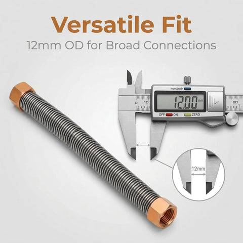 12mm Copper-Coated Exhaust Tube For Air Compressors, 3/4 Inch Line Kit shown with caliper measuring 12mm diameter