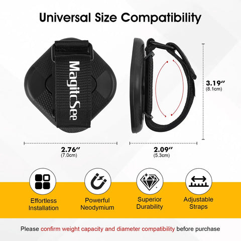 2 Pack Heavy Duty Magnetic Shovel And Tool Holder For Truck With Adjustable Strap No Drill Mount Rack side view with dimensions