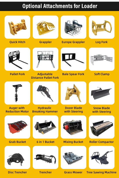 Optional loader attachments for Rugged 4X4 Wheel Backhoe Loader For DIY Landscaping, including grapplers, pallet forks, and saws.