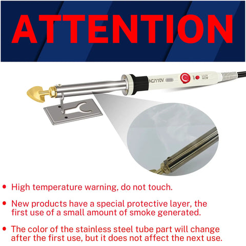 110V 80W Temperature Control Plastic Welder Kit with high temperature warning and protective layer details. DIY friendly repair tool.