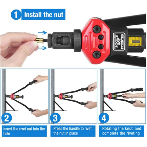 16 Inch Hand Blind Rivet Nut Setter Kit With 10 Mandrels For 110 Thread Inserts step-by-step use illustration