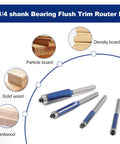 No Fuss Professional Grade 1/4 Inch Shank Top Bearing Flush Trim Router Bit for Efficient Wood Synthetic and Laminated Board Trimming Rock Solid Finish with multiple sizes.