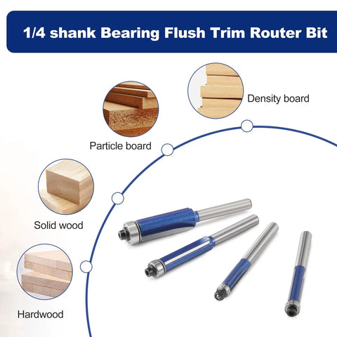 No Fuss Professional Grade 1/4 Inch Shank Top Bearing Flush Trim Router Bit for Efficient Wood Synthetic and Laminated Board Trimming Rock Solid Finish with multiple sizes.