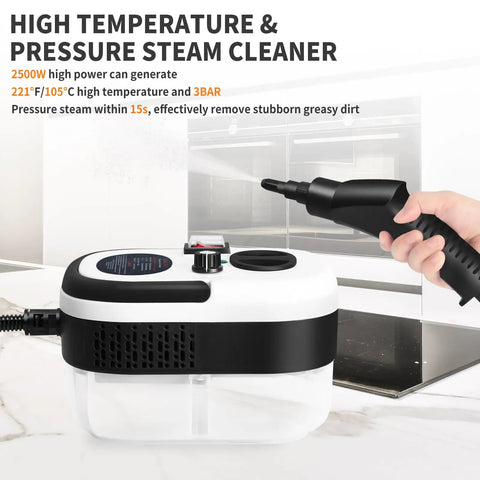 Supercharged Handheld Steam Cleaner With Beast Mode 2500 Watt Power and Snappy 15 Second Heat Up, handheld unit in use.