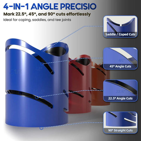 High Precision Metal Pipe Cutting Guide Kit with Magnetic Saddle Template showcasing blue, red, orange units for angle cuts