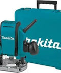 Image of Badass One And A Quarter Horsepower Plunge Router For Serious Woodworking Jobs With Smooth Plunging Up To One And Three Eighths Inches Depth Adjustment Lever Three Preset Stops Oversized Ball Bearings That Last Longer Flat Top Design Makes Bit Changes A with carry case.