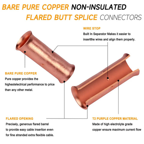 Detailed view of bare pure copper non-insulated flared butt splice connectors with wire stop feature.
