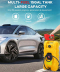 Garvee 15 Gal Gas Caddy Heavy Duty Gas Can With Manual Fuel Transfer Pump next to a car, showing fuel transfer setup.