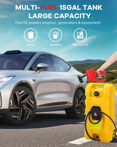 Garvee 15 Gal Gas Caddy Heavy Duty Gas Can With Manual Fuel Transfer Pump next to a car, showing fuel transfer setup.