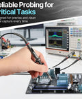Person using 2 Pack X1 X10 100MHz Oscilloscope Probe Clips with Free Accessory Kit on circuit board in lab, high voltage testing.