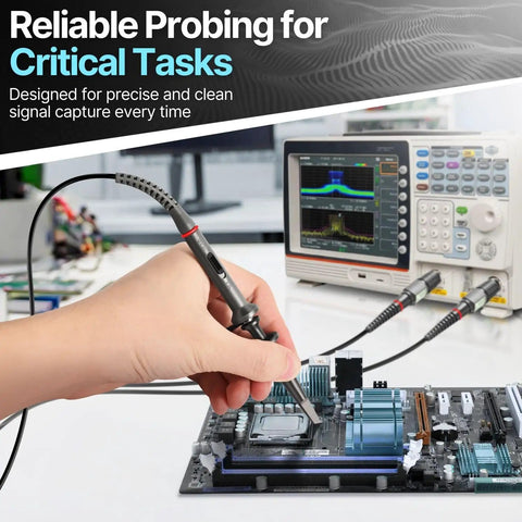 Person using Oscilloscope Probes Pack Of 2 For 200MHz Bandwidth With X1 And X10 Attenuation, 10M 1M Input Resistance, 5mm Tip, 1200mm Cable