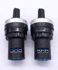 Two 22mm Rotary Potentiometer LA42DWQ-22 10K Ohm B10K for Inverter and Variable Speed Drive Controllers, 3-terminal, front view.