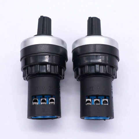 Two 22mm Rotary Potentiometer LA42DWQ-22 10K Ohm B10K for Inverter and Variable Speed Drive Controllers, 3-terminal, front view.