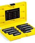 Open yellow case displaying Eight Piece Spline Lug Nut Socket Set With 5 6 7 12 Spline Locking Keys The Go To Universal Wheel Lock Removal Kit.
