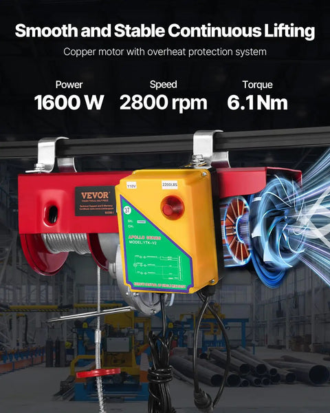 2200lbs Electric Hoist With 328ft Wireless Remote Control 110V Lifting Crane for garage, warehouse, factory use, side view