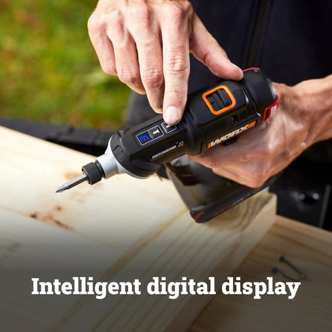 Close-up of hand using Beast 20V Cordless Drill Driver With Brushless Motor, 445 Inch-Pound Torque on wood, digital display visible.