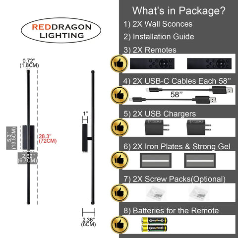 Easy Peasy Peel And Stick No Drill Setup Sleek Rechargeable Wireless Wall Sconces Set Of Two Dimmable Touch Controls Battery Powered LED Lighting For Modern Home Vibes package contents with dimensions and accessories.