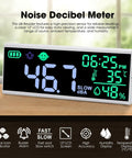 Massive 13 Inch LED Sound Level Meter With Time Temperature Humidity Large Display Wall Mount Or Desktop Noise Monitor With Buzzer Alarm And Icon Indicators For Classroom Studio Home Use on desk