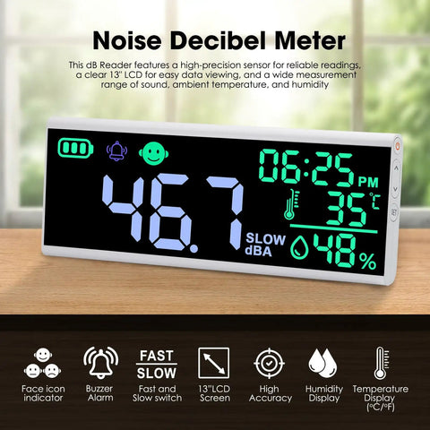 Massive 13 Inch LED Sound Level Meter With Time Temperature Humidity Large Display Wall Mount Or Desktop Noise Monitor With Buzzer Alarm And Icon Indicators For Classroom Studio Home Use on desk