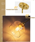 Emak 8 Inch Pendant Lights Kitchen Island, 1-Light Brushed Gold Kitchen Pendant Lights with Clear Glass Shade, Hanging Lamp with Adjustable Rods for Dining Room, PL122-BGD-CG, close-up of brushed gold finish and clear glass shade.