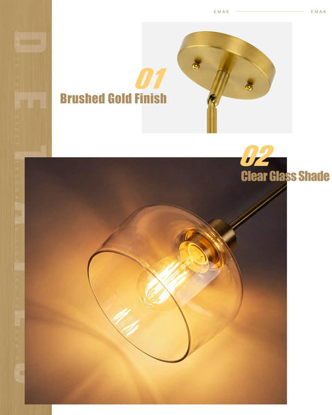 Emak 8 Inch Pendant Lights Kitchen Island, 1-Light Brushed Gold Kitchen Pendant Lights with Clear Glass Shade, Hanging Lamp with Adjustable Rods for Dining Room, PL122-BGD-CG, close-up of brushed gold finish and clear glass shade.