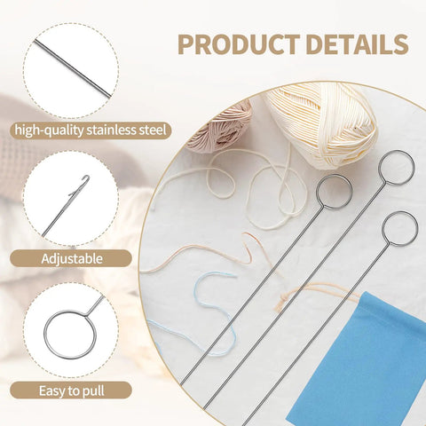 5Pcs Loop Turner Sewing Tool Kit 10.4 Inch Knot Gripper For Beads Straps Drawstrings And Craft Projects Pro Grade Stainless Steel Tube Turner For Beads And DIY Creations shown with yarn and needles