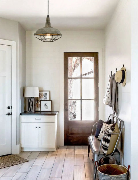 Farmhouse Barn Pendant Light With Dimmable Hanging Ceiling Fixture Industrial Cage Shade In Stained Charcoal Mold Finish 1 Light Kitchen Dining Bedroom Rustic Vibe For Cozy Modern Homes over entryway with seating bench and decor.