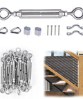 20 Piece 1/8 Inch Cable Railing Hardware Kit Beefy Turnbuckles M5 Eye To Eye For Wood Posts T304 Stainless Steel Deck Cable Railing System With 180 Degree Adjustable Stairs CK01, showing turnbuckles and hardware close-up and in use on stairs.