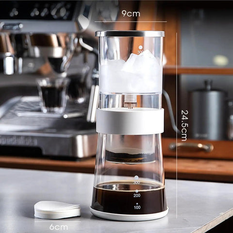 Cold Brew Drip Tower And Iced Coffee Maker With Adjustable Flow Control, 600 ML glass carafe and stainless steel filter.