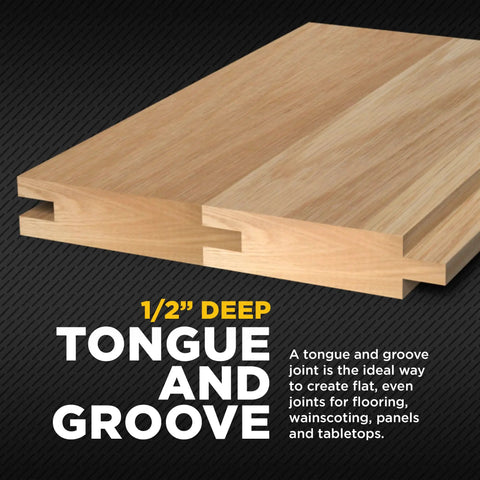 1/2 inch deep tongue and groove joint for flooring and cabinetry, Tongue And Groove Router Bit Set Pro Grade For Three Quarter Inch Stock With One Half Inch Cutting Depth One Quarter Inch Tongue Two Bit Set One Half Inch Shank Premium C3 Micro Grain Tungsten Carbide Blades For Flooring And Cabinetry Projects.
