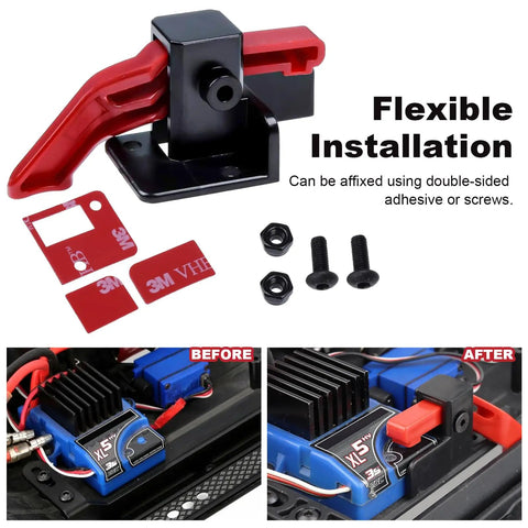 Easy Start ESC Trigger Power Switch For Traxxas TRX-4 1/10 RC Trail Crawler, Quick Start Button with adhesive, screws and before-after installation view.