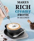 Handheld Milk Frother For Coffee And More Electric Whisk With 3 Speed Adjustable Settings And Stainless Steel Whisks Rechargeable Foam Maker creating foam in coffee