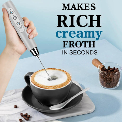 Handheld Milk Frother For Coffee And More Electric Whisk With 3 Speed Adjustable Settings And Stainless Steel Whisks Rechargeable Foam Maker creating foam in coffee