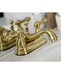 Restoration Four Inch Centerset Bathroom Faucet In Brushed Brass With Solid Brass Construction Drip Free Ceramic Disc