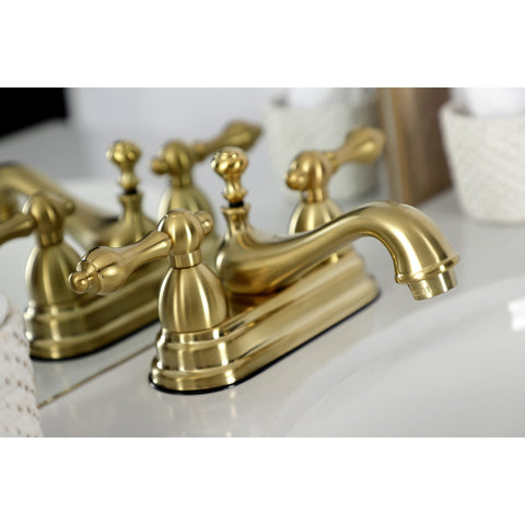 Restoration Four Inch Centerset Bathroom Faucet In Brushed Brass With Solid Brass Construction Drip Free Ceramic Disc