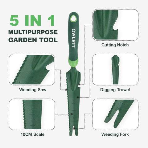 Workhorse 5 In 1 Garden Trowel Weeder Tool With Soft Handle, forked tip, serrated blade features displayed