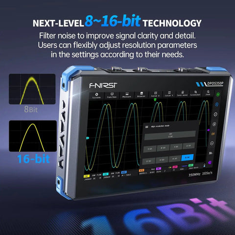 Digital display of 4-in-1 On-The-Go Handheld Oscilloscope With 350 MHz Bandwidth showcasing 8 to 16-bit technology.
