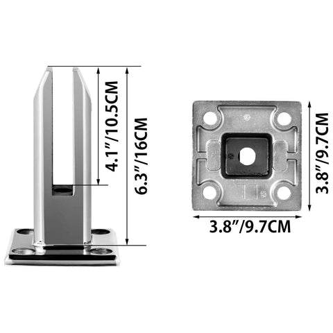 4 Pack Glass Railing Clamps For 8 To 12 Mm Glass Thickness 304 Stainless Steel Spigots, side and base view dimensions shown