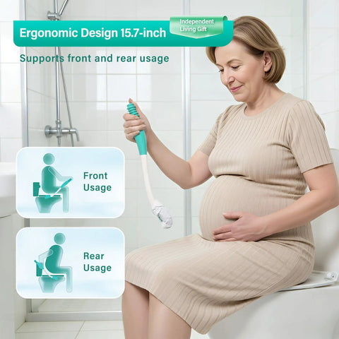 Woman demonstrating Long Reach Toilet Wiping Aid With Bottom Buddy Extends Your Reach Over 15 Inches No Bend Needed Easy Independent Bathroom Assist For Disabled And Elderly Ergonomic Comfortable Wipe Tool With Gentle Design For Solo Use.